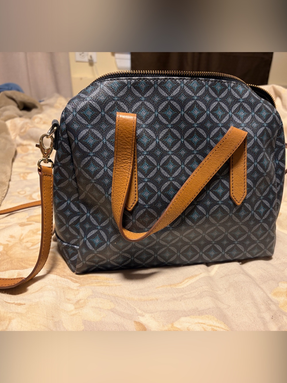 Fossil Blue Geometric Crossbody with Tan Trim